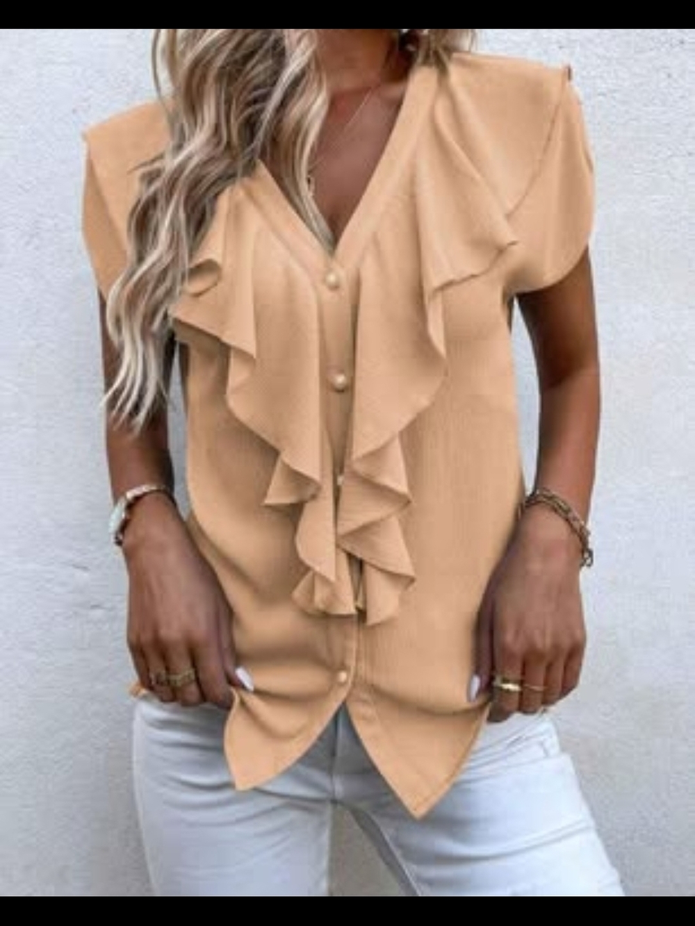 SHEIN Tan Ruffle V-Neck Button Front Blouse